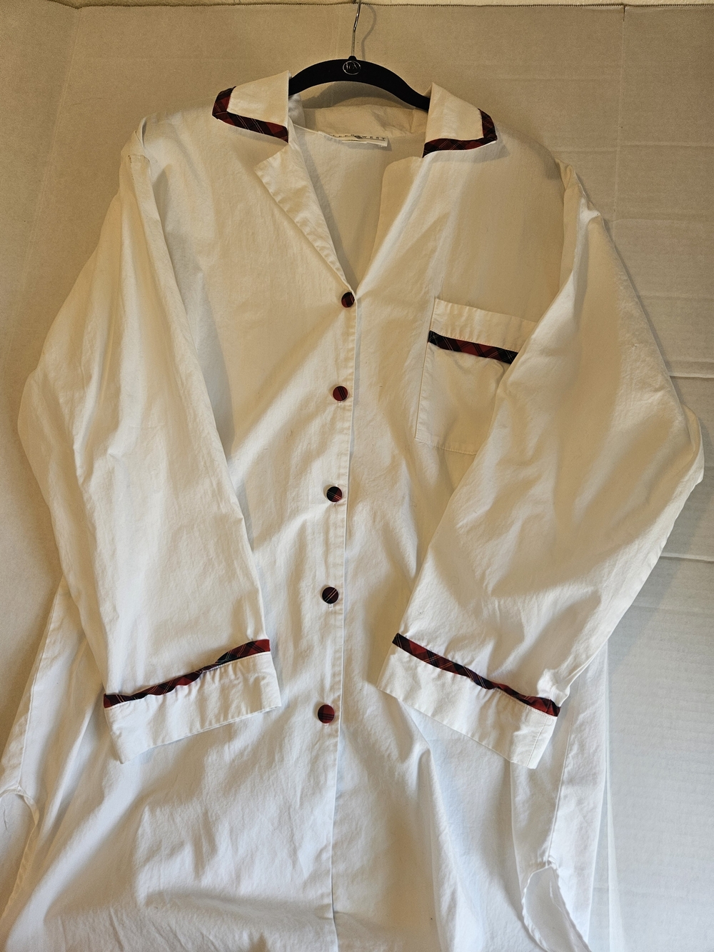 Vintage 1986 Eileen West White Cotton Sleepshirt Nightgown Red Plaid Trim Large